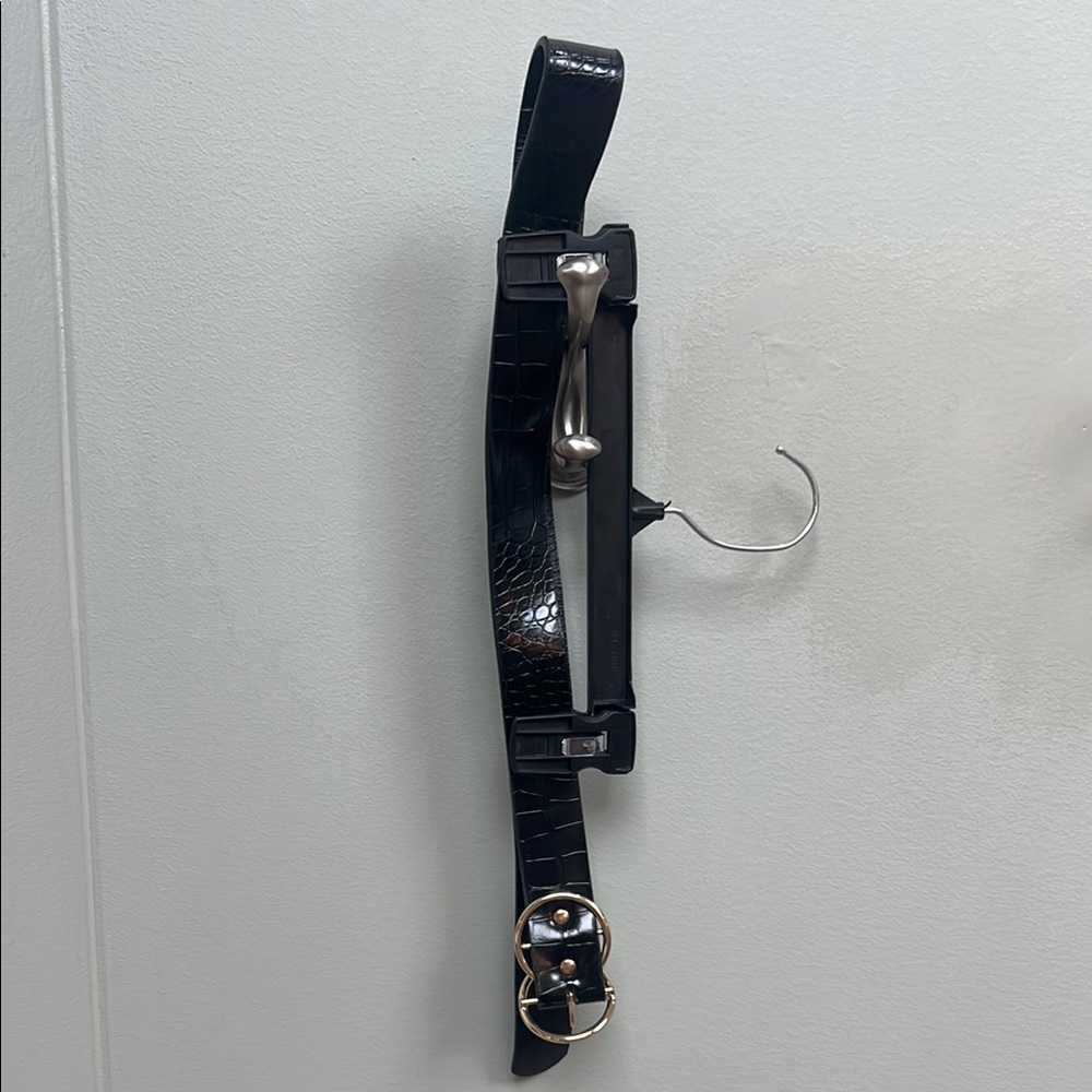Black Croc-Embossed Belt with Silver Buckle